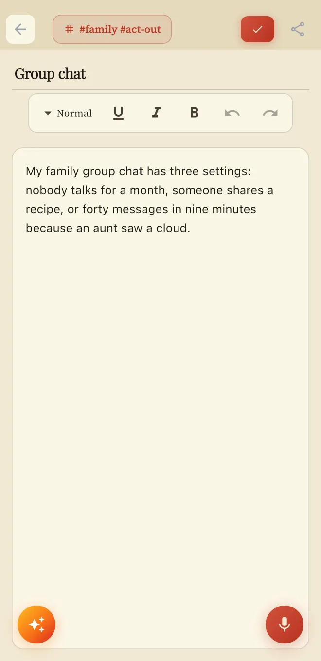 The Stand.app joke editor with tags, a formatting toolbar, and the AI punch-up and voice dictation buttons