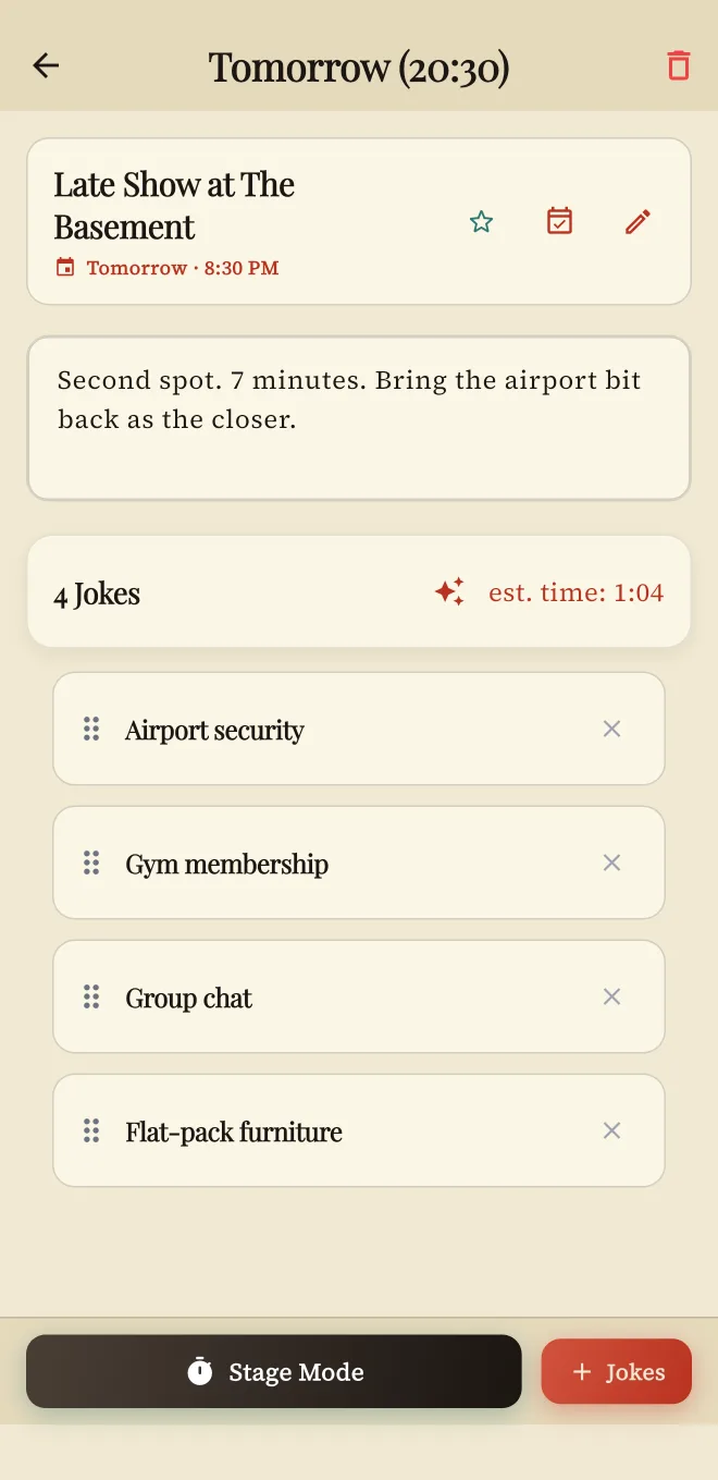 A show in Stand.app: venue, date and time, notes, and the four-joke set with its estimated running time